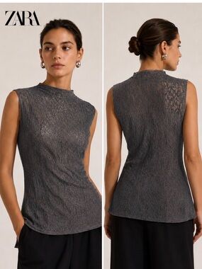 NWT ⚜️🩶⚜️ ZARA Charcoal Lace Mock Neck Sleeveless Top Size S